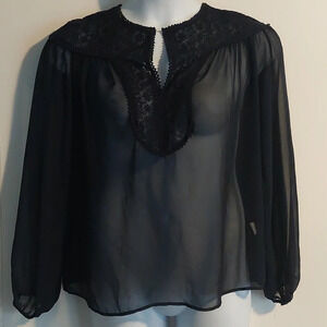 Zara Sheer Navy long sleeve Blouse top Small